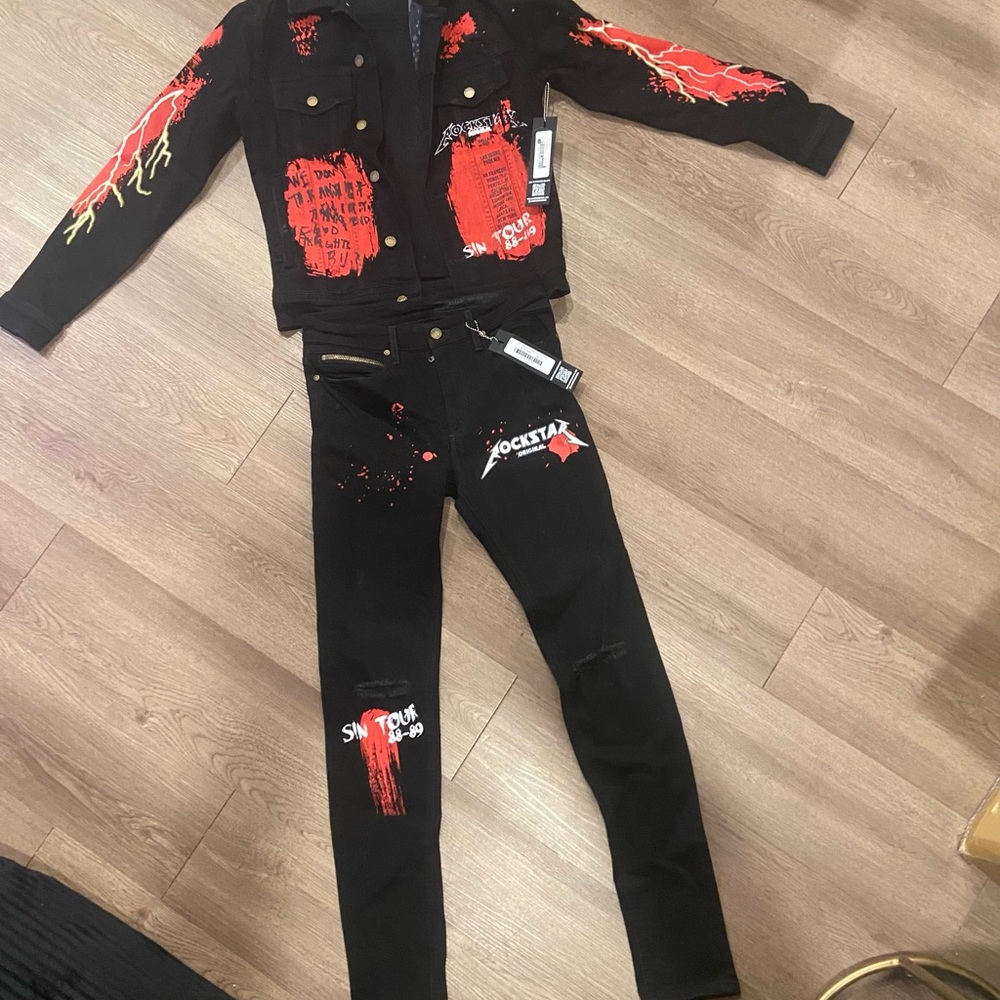 Black and Red Graphic Jacket and Pants Set